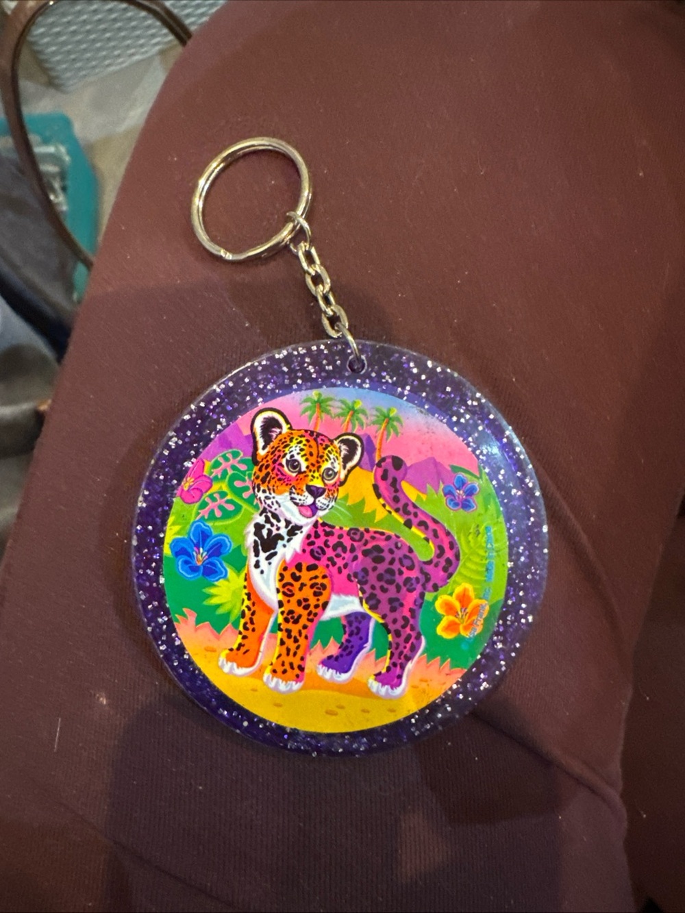 Lisa Frank Hunter Purple Pink Orange Neon Leopard Mirror Keychain‎